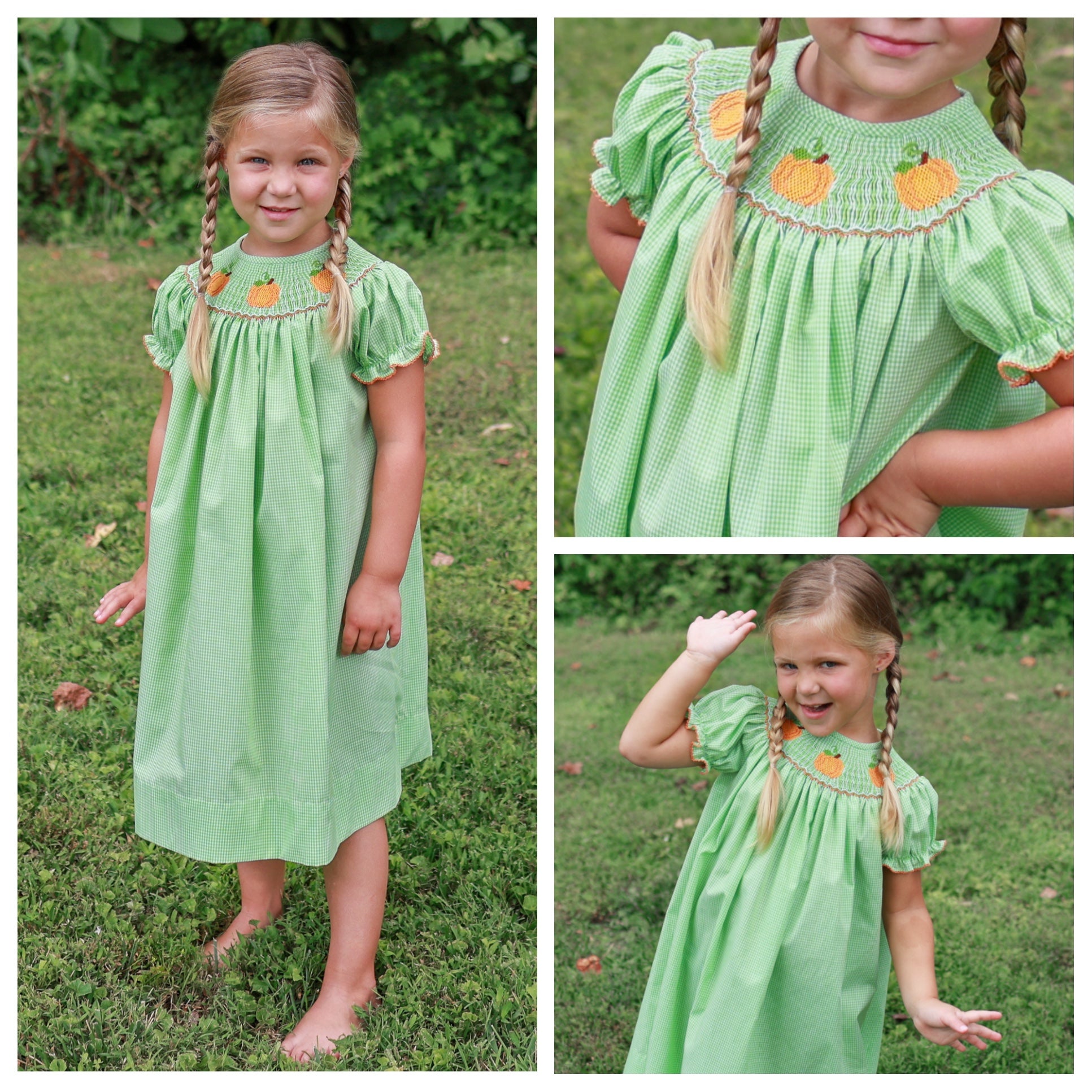 Green Gingham Smocked Pumpkin Bishop 5T Green Gingham Smocked Pumpkin Bishop 5T