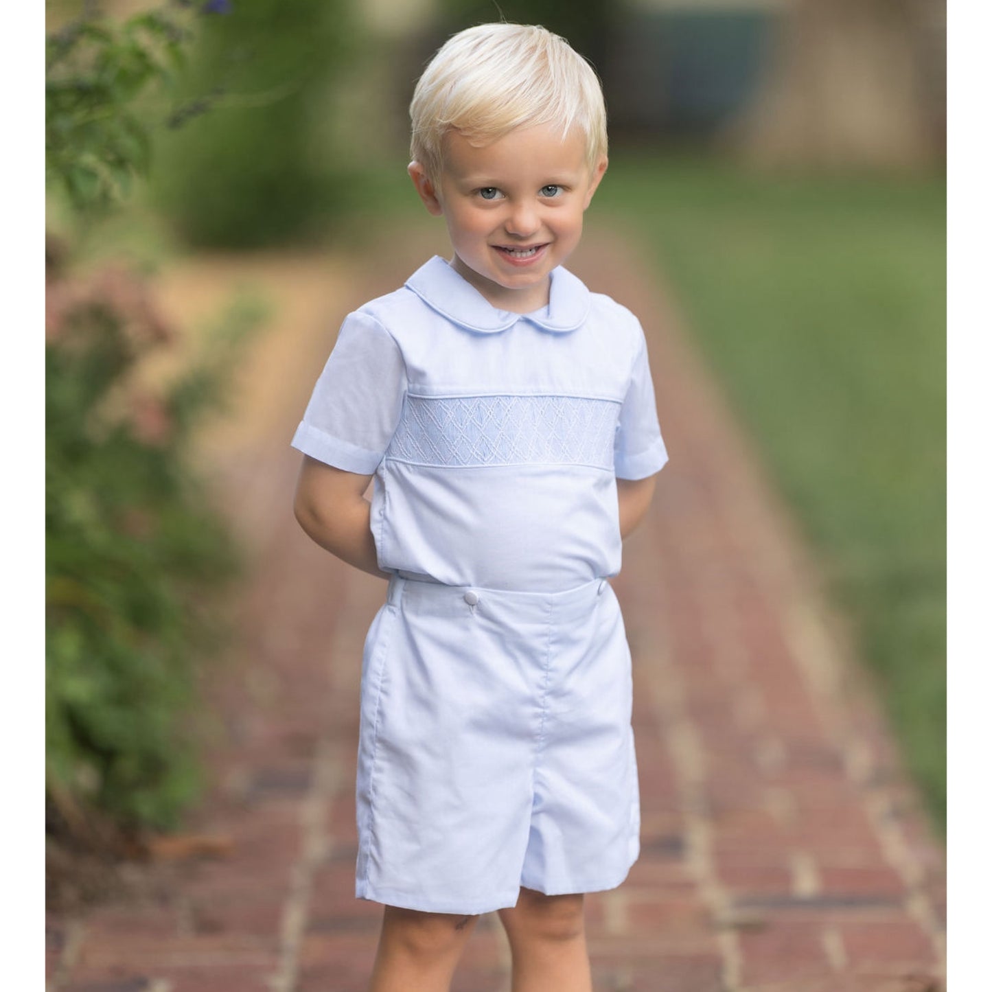 Blue Batiste Smocked Heirloom Button-On Short Set