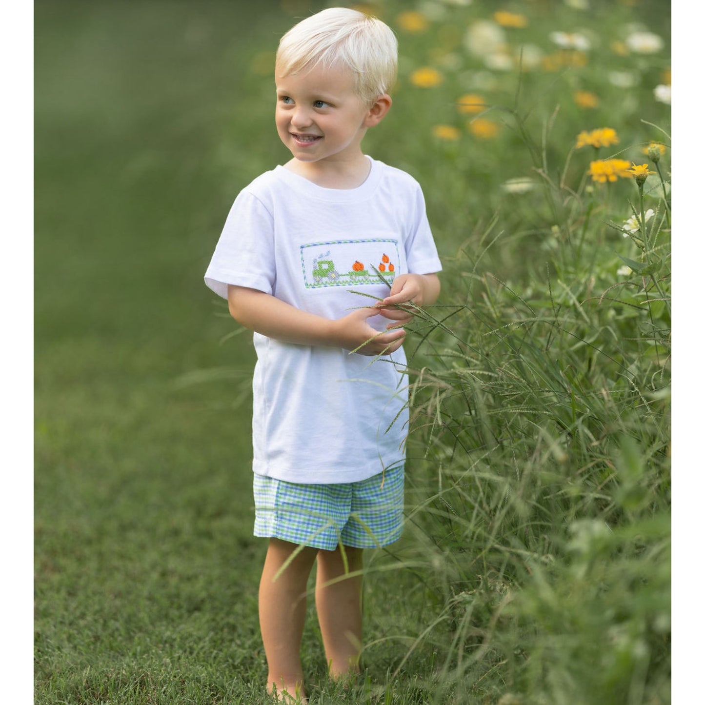 Smocked Pumpkin and Tractor Short Set Pre-Order