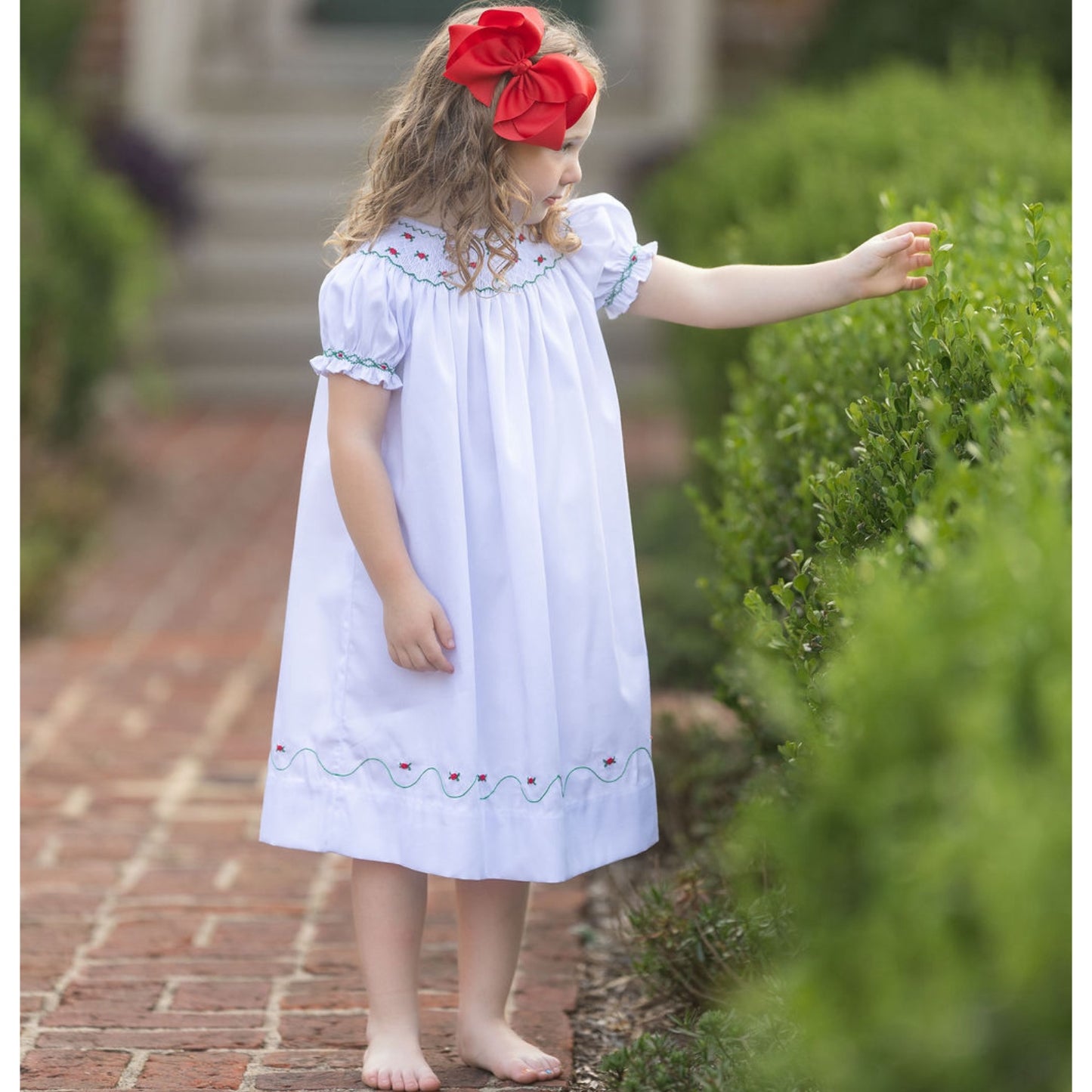 Girls White Christmas Smocked Bishop Dress