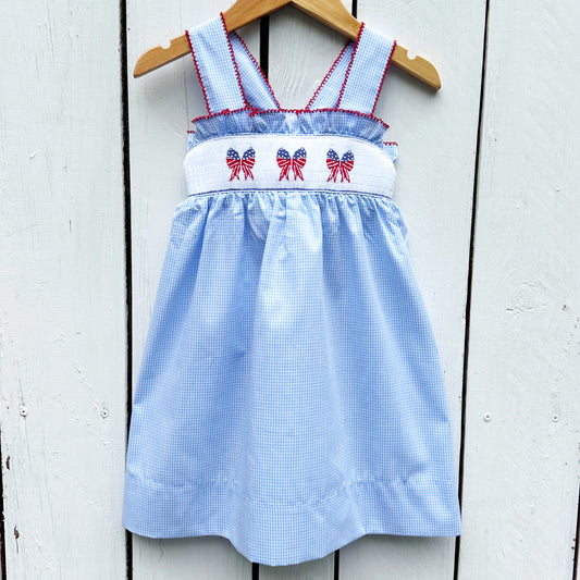 Girls Smocked July 4th Flag Dress