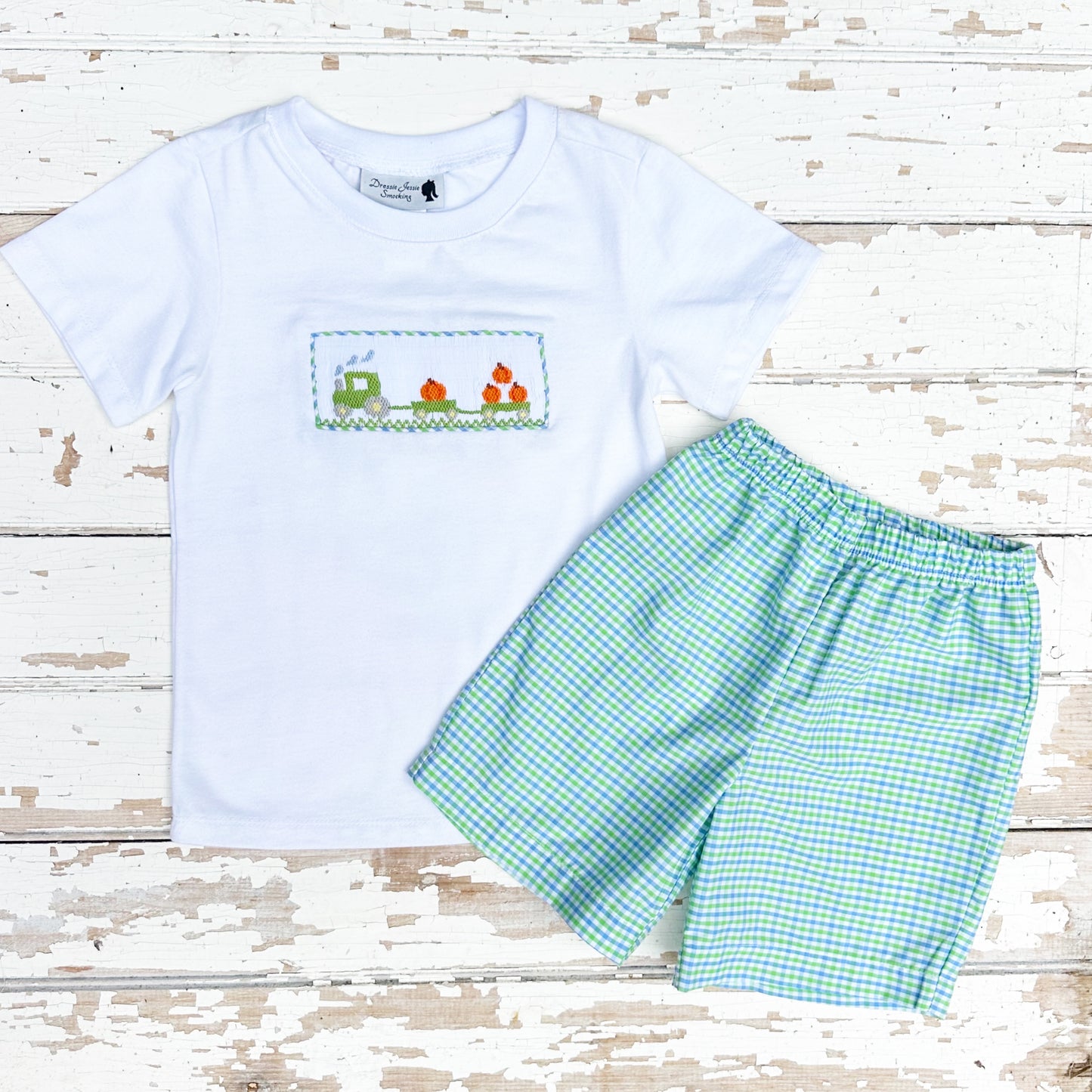 Smocked Pumpkin and Tractor Short Set Pre-Order