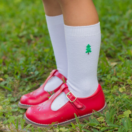 Classic White Knee Socks with Christmas Tree Embroidery