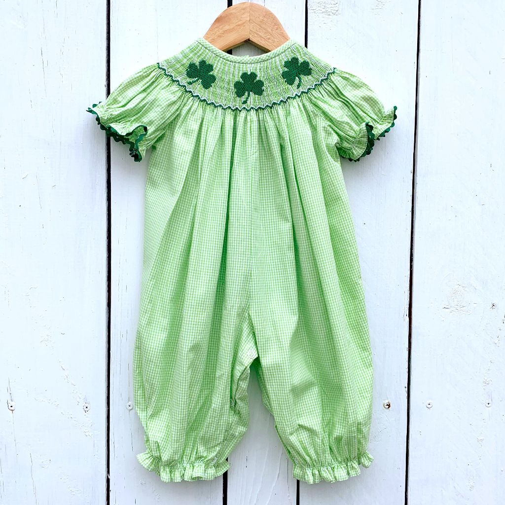 Infant Baby Toddler Girls Smocked Shamrock Bubble Romper