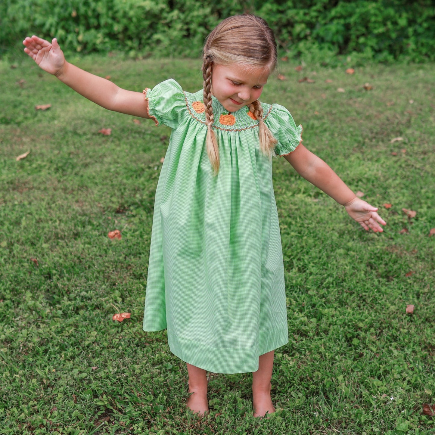 Girls Hand Smocked Pumpkin Fall Bishop Dress