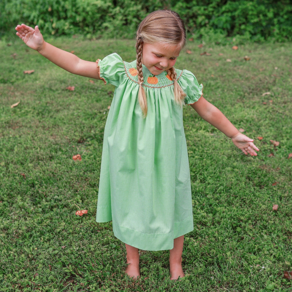 Girls Hand Smocked Pumpkin Fall Bishop Dress