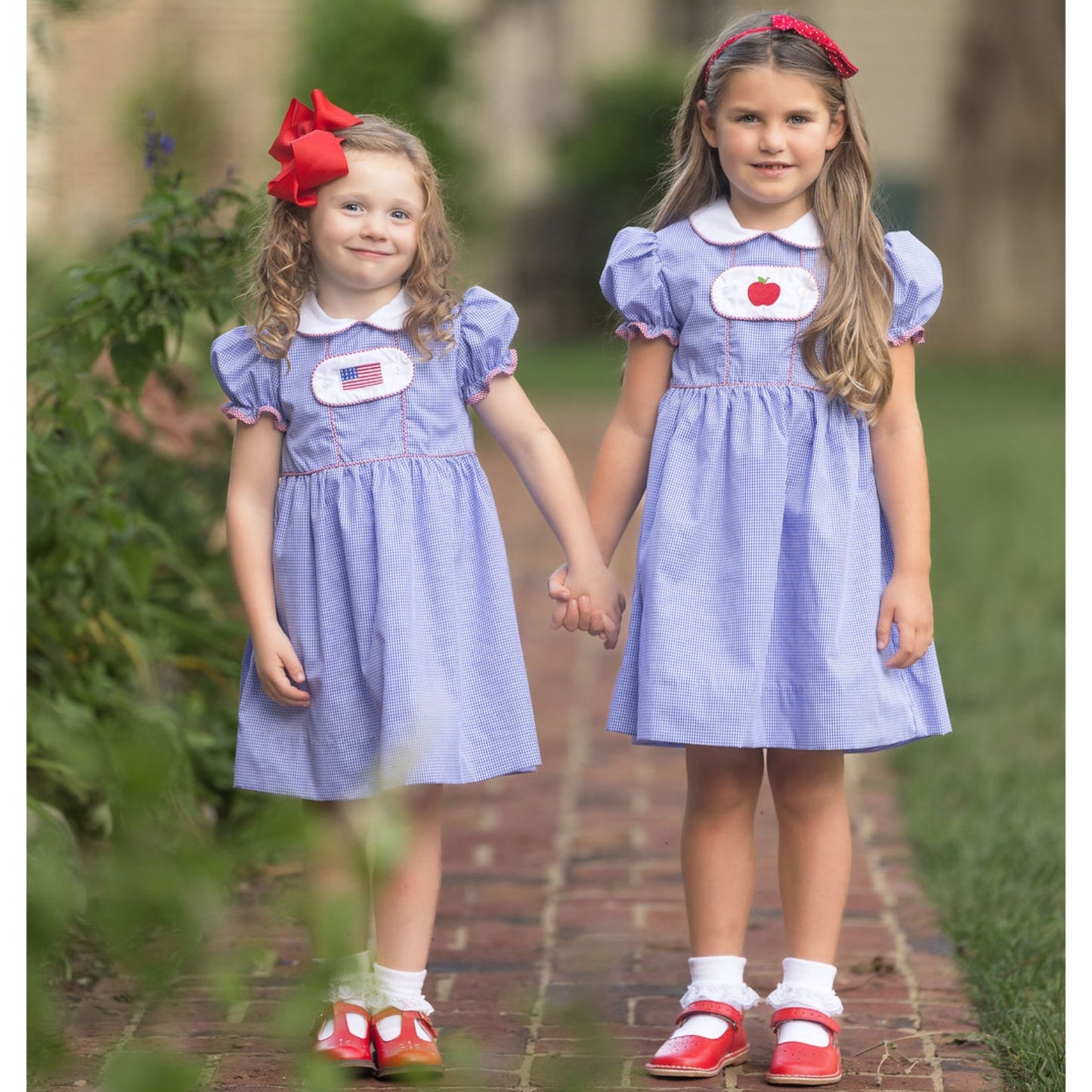 Girls Reversible Tab Dress Apple Flag Embroidery
