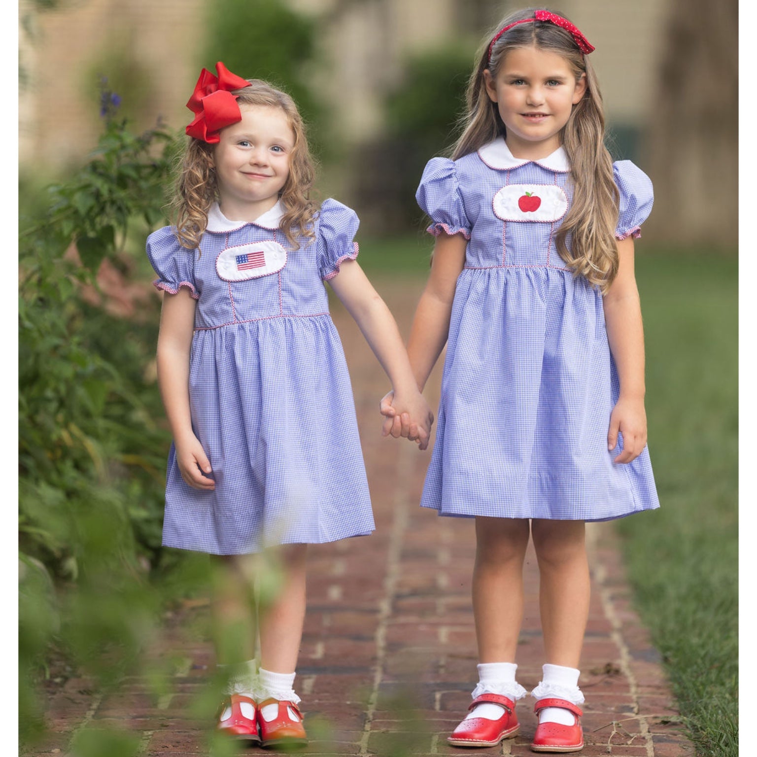 Girls Reversible Tab Dress Apple Flag Embroidery
