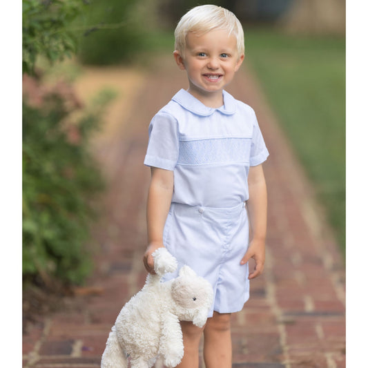 Blue Batiste Smocked Heirloom Button-On Short Set