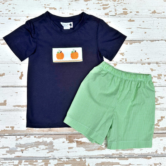 Boys Smocked Pumpkin Shirt and Green Gingham Shorts