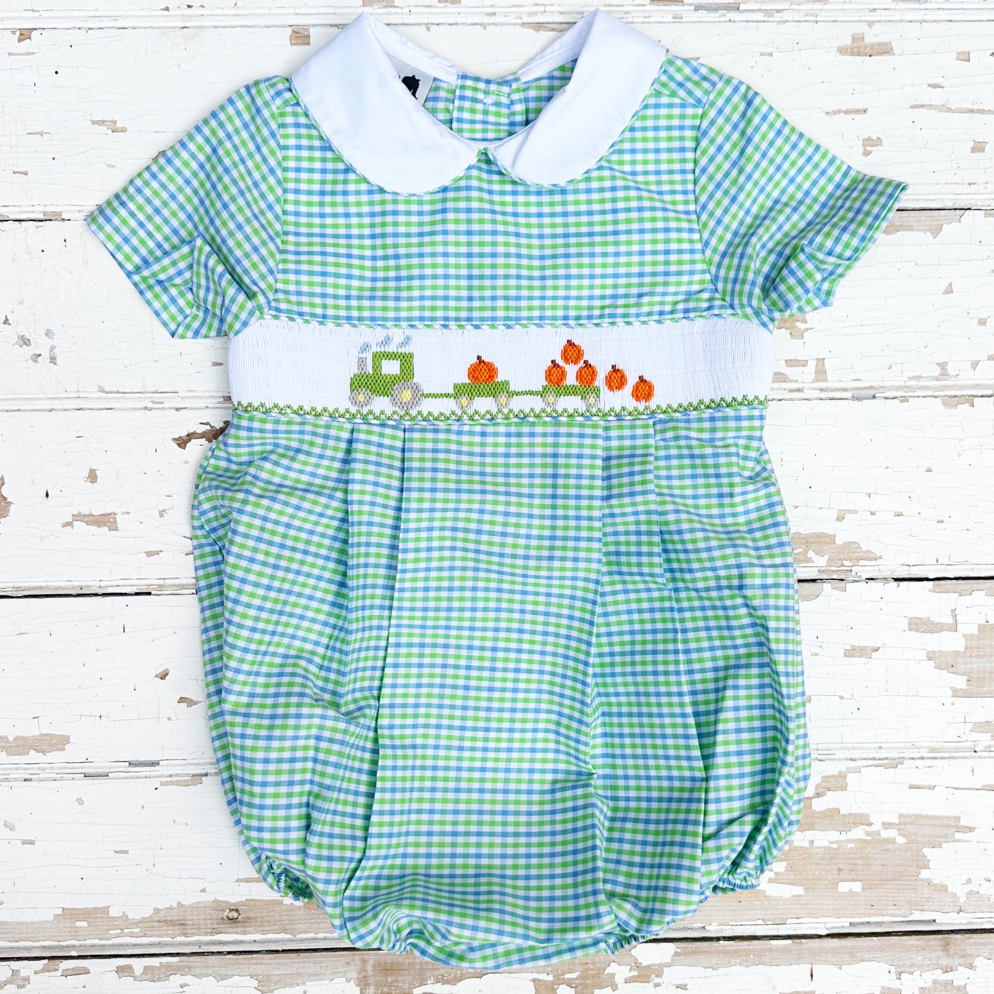 Boys Hand Smocked Pumpkin Bubble Romper