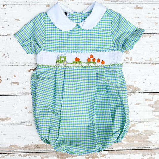 Boys Hand Smocked Pumpkin Bubble Romper
