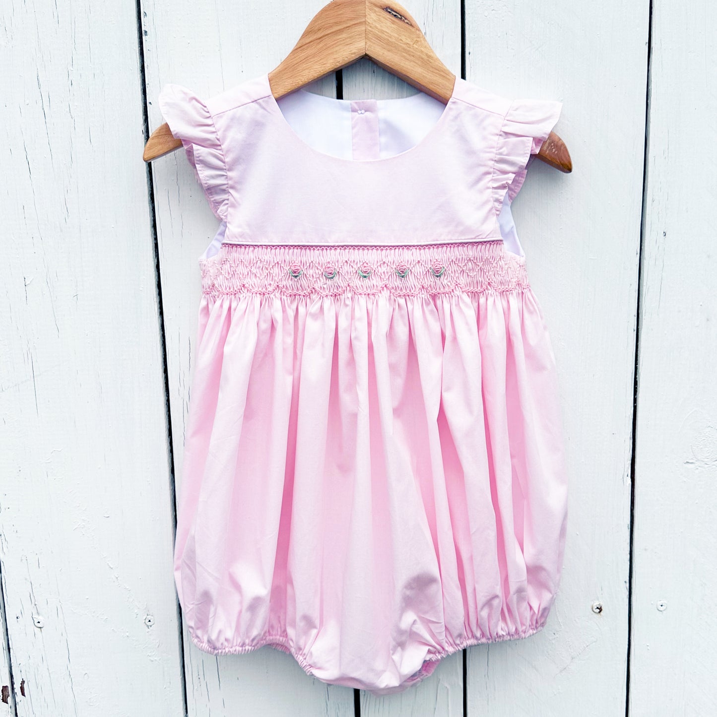 Girls Smocked Pink Rose Bubble Romper
