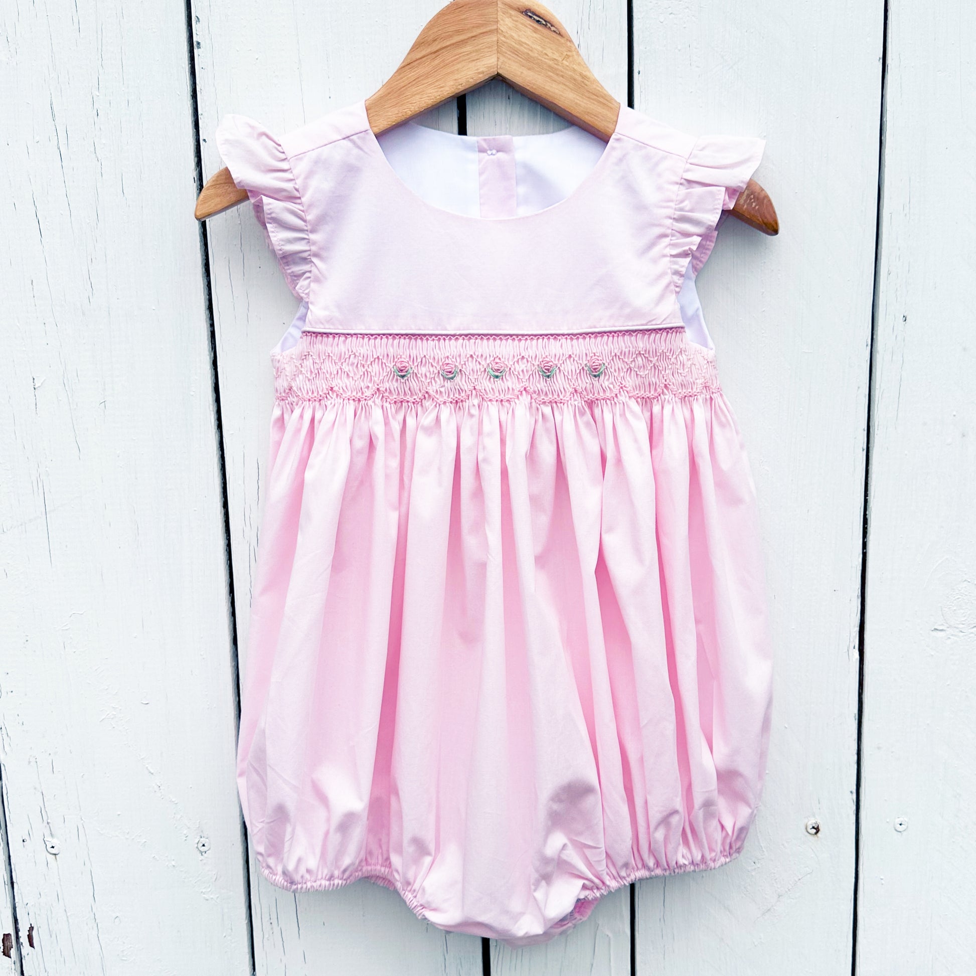 Girls Smocked Pink Rose Bubble Romper
