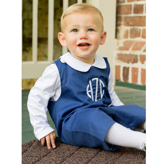 Boys Navy Blue Monogrammed Shortall with White Fabric Covered Shoulder Buttons