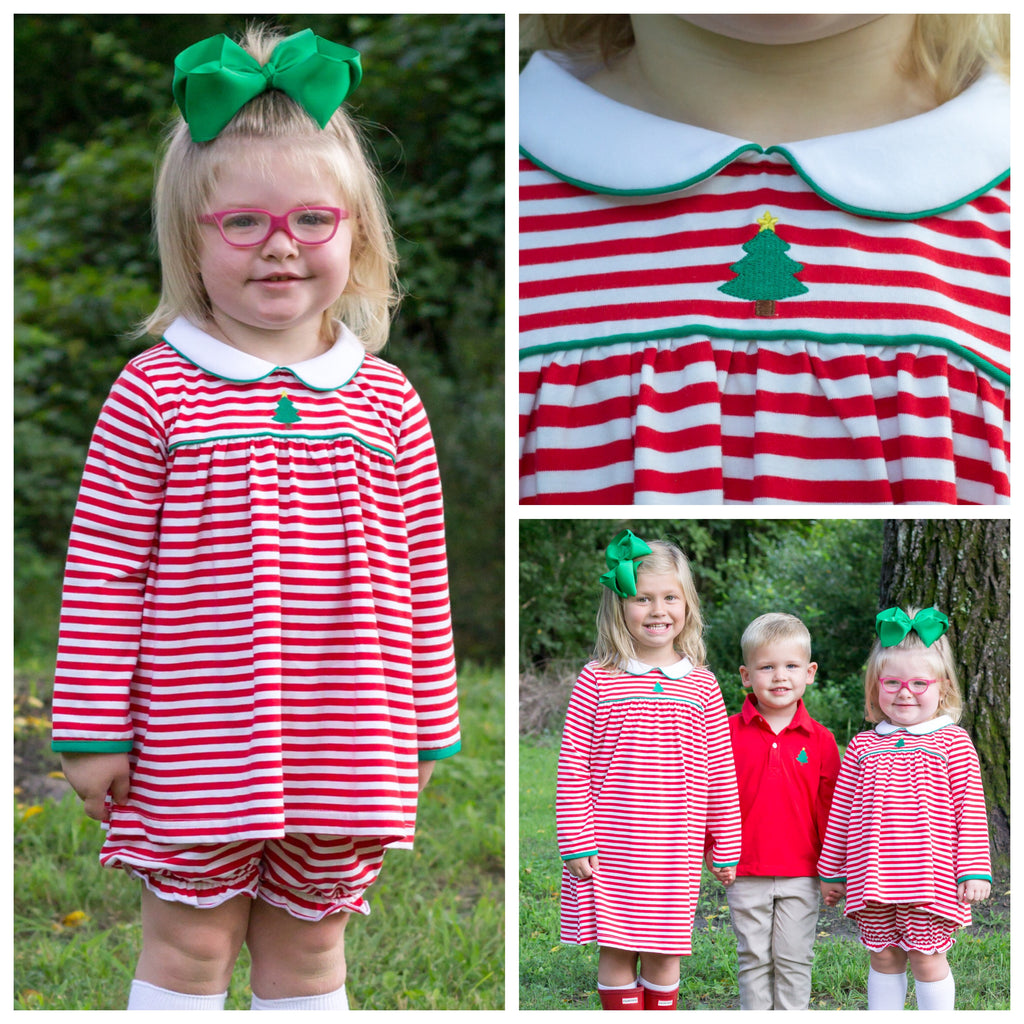 Girls Red Stripe Knit Christmas Bloomer Set with Christmas Tree Embroidery