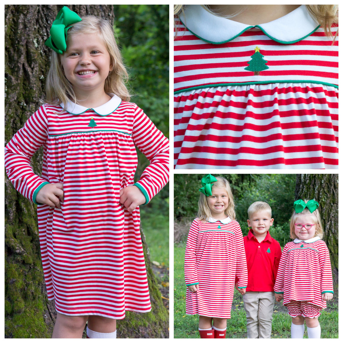 Red Stripe Knit Christmas Dress with Christmas Tree Embroidery