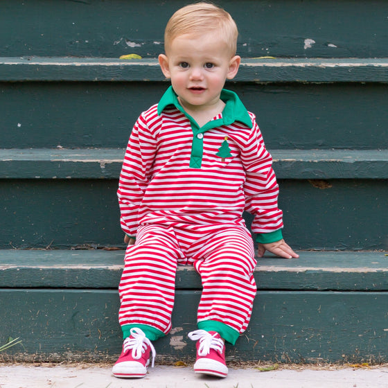 Boys Red Stripe Knit Christmas Romper with Christmas Tree Embroidery