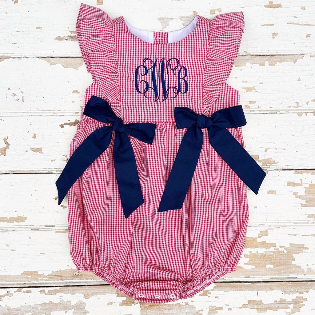 Girls Red Gingham Bubble with Bows and Monogram