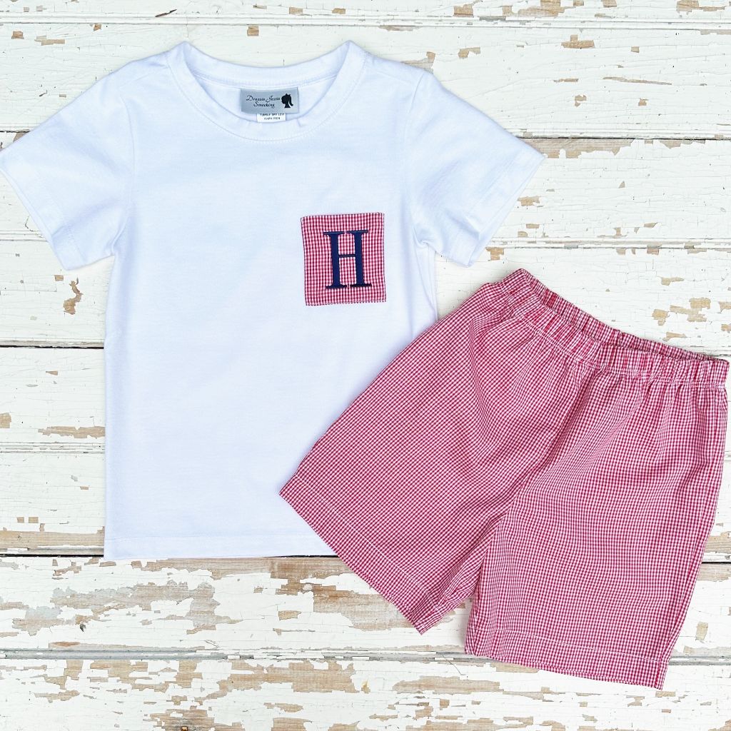 Boys July 4th Outfit Monogram Red Gingham Shorts