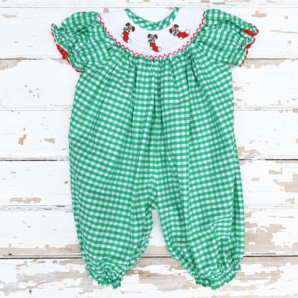 Smocked Puppy Dog Christmas Stocking Smocking Bubble Romper Outfit