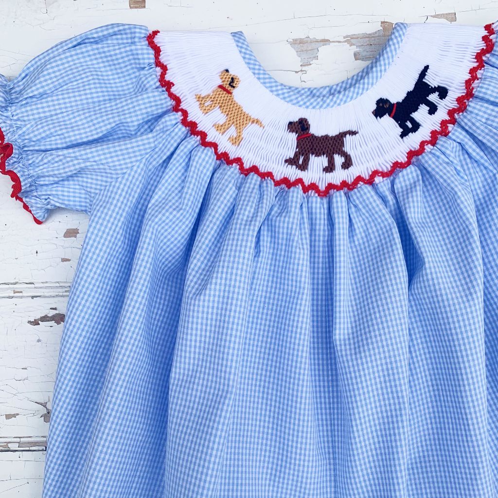 Girls Smocked Lab Puppy Dog Smocked Smocking Bubble Outfit