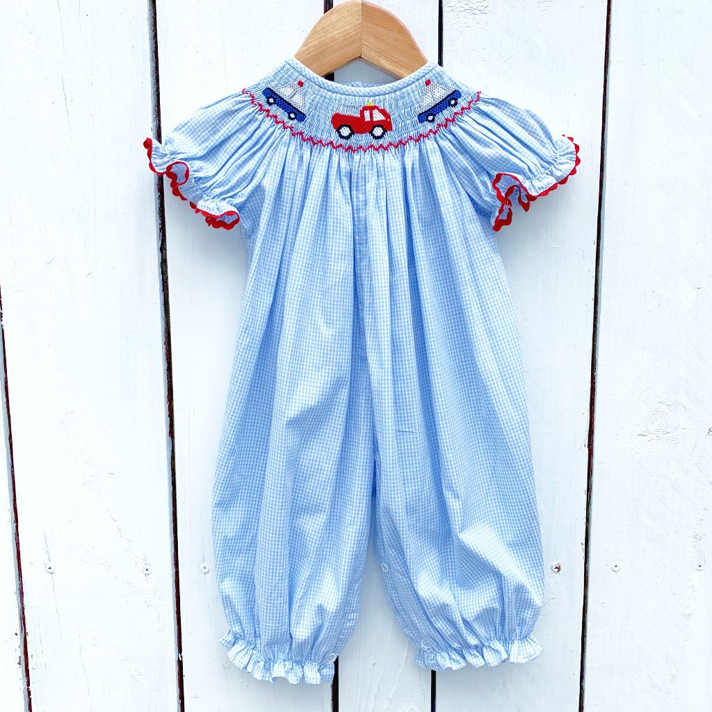 Girls Smocked Police Car Bubble Romper Outfit