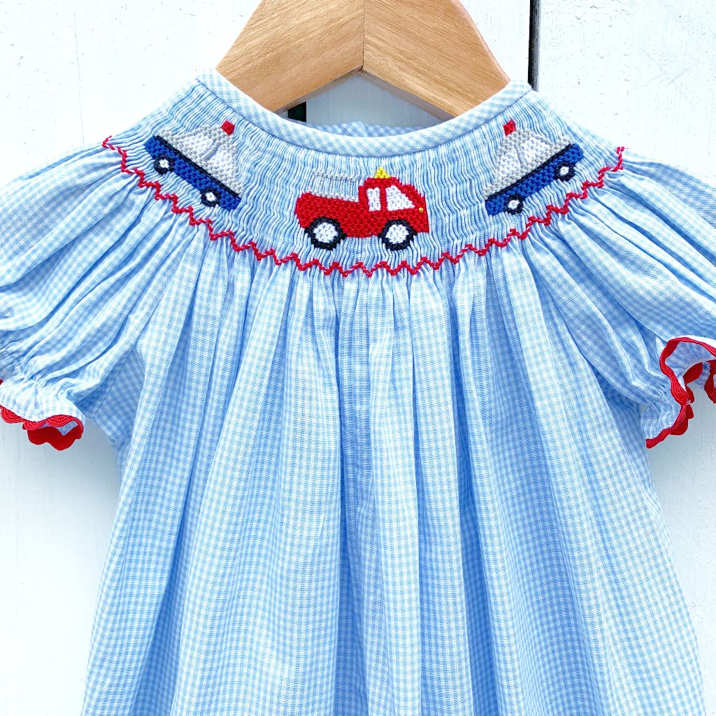 Infant Baby Toddler Girls Smocked Fire Truck Bubble
