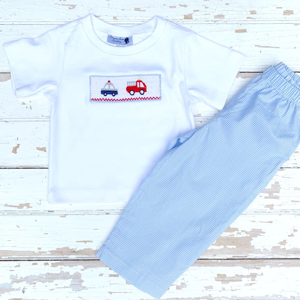 Boys Smocked Police Car Fire Truck Shirt and Pants Set