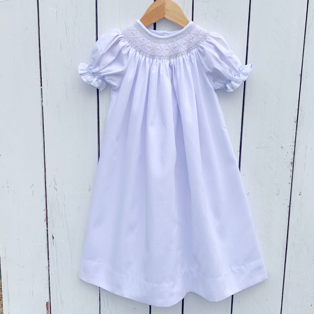 Smocked White Flower Girl Dress