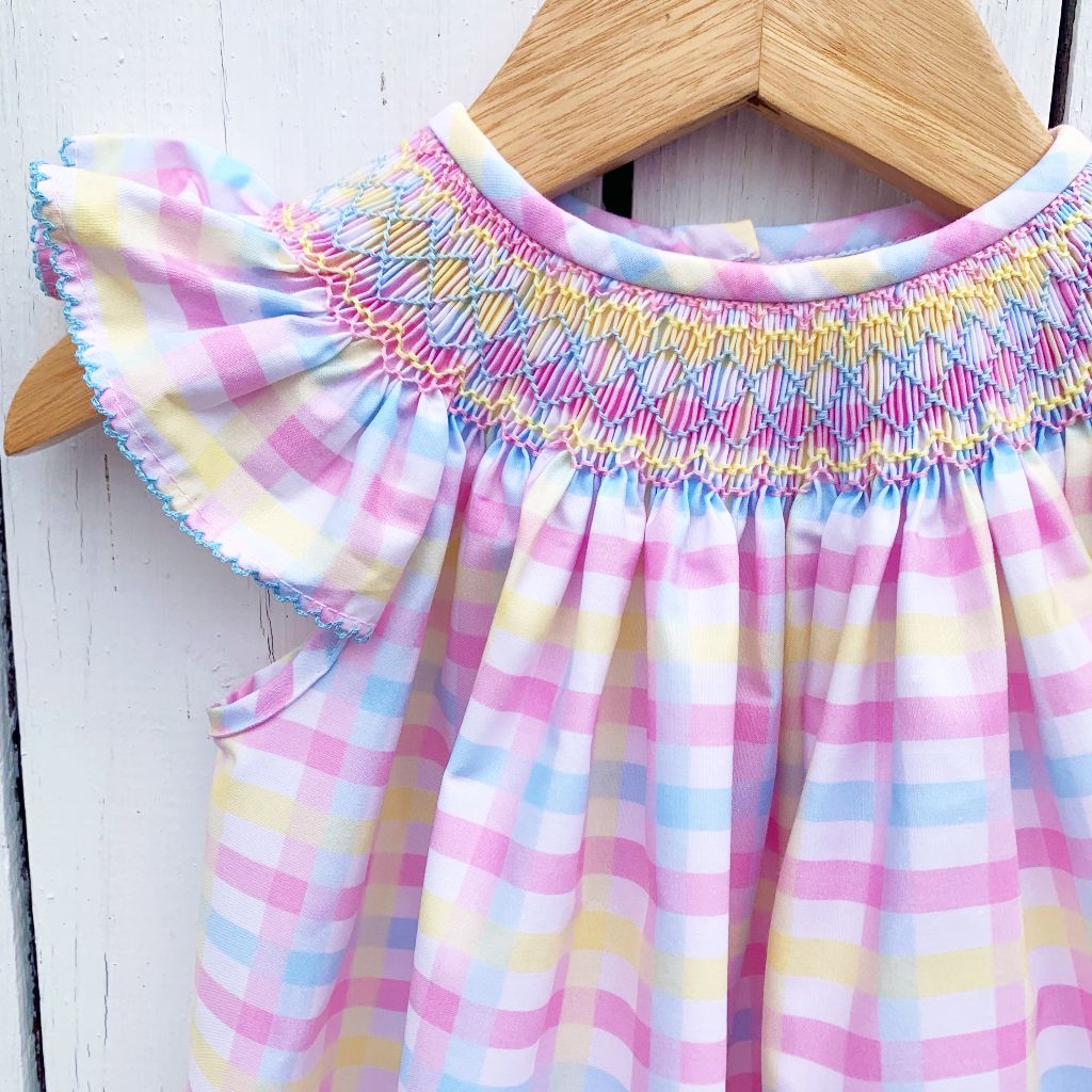 Girls Smocked Plaid Bubble Pink Yellow Blue