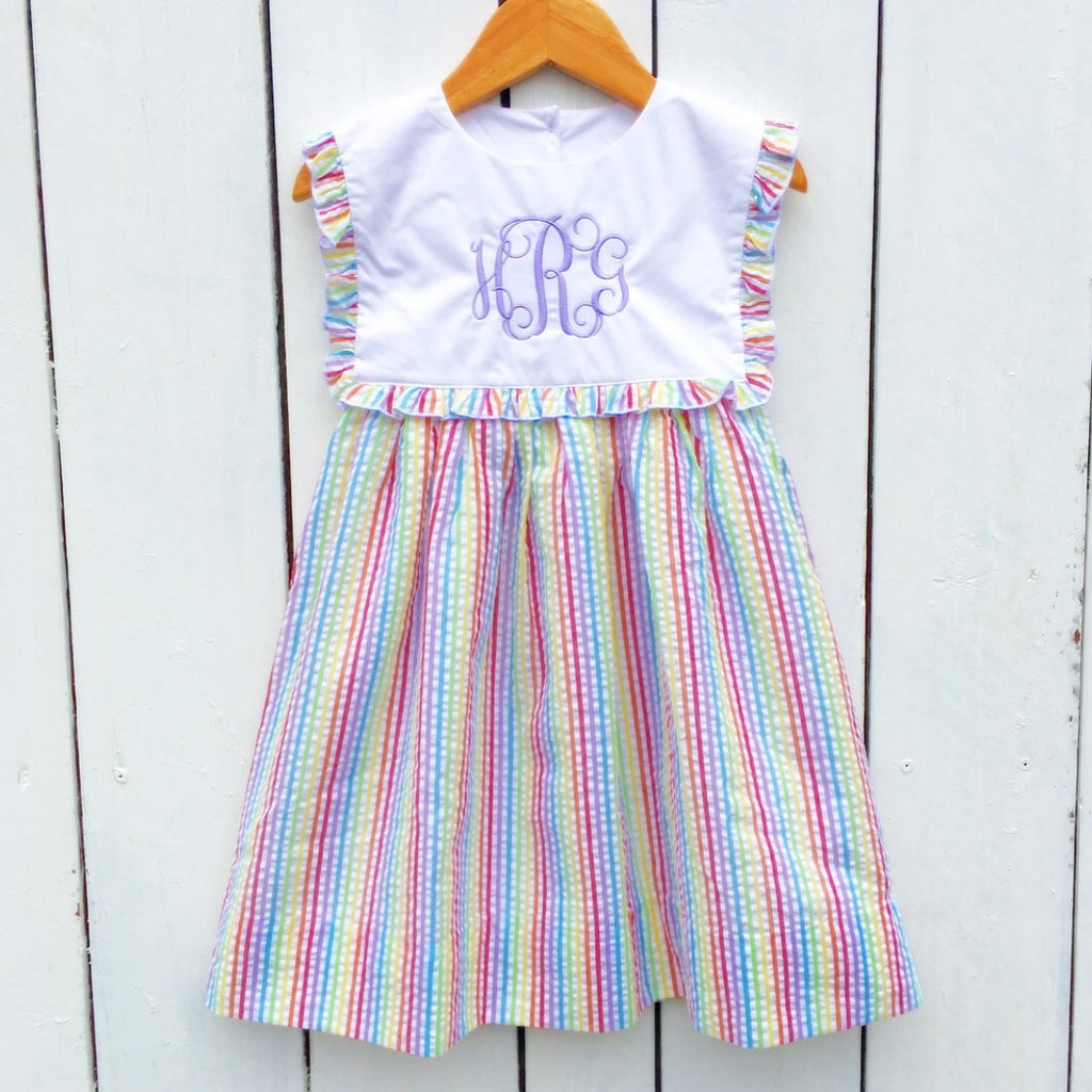 Girls Rainbow Dress Seersucker Stripes Free Monogram