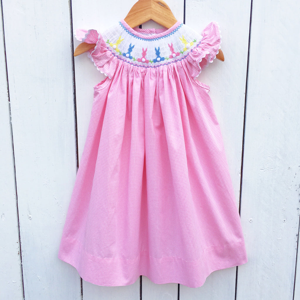 Pink Gingham Smocked Easter Dress Bishop Bunny Smocking