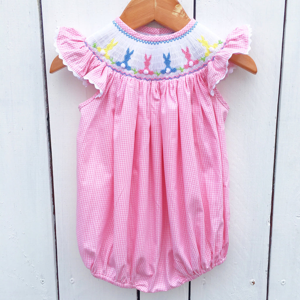 Smocked Bunny Bubble Pink Gingham Easter Bubble Toddler Baby Girl