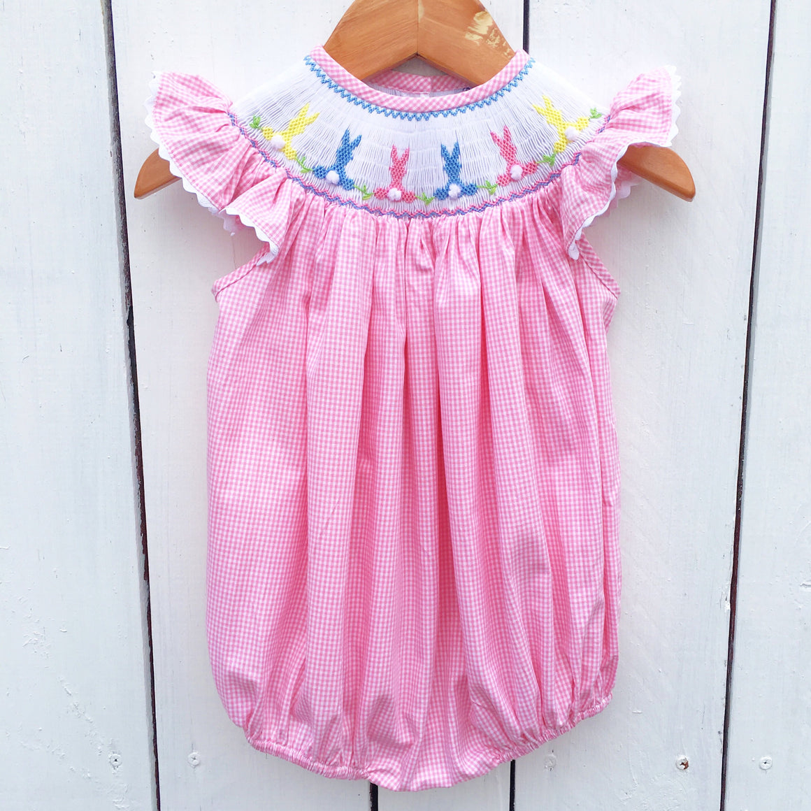 Smocked Bunny Bubble Pink Gingham Easter Bubble Toddler Baby Girl