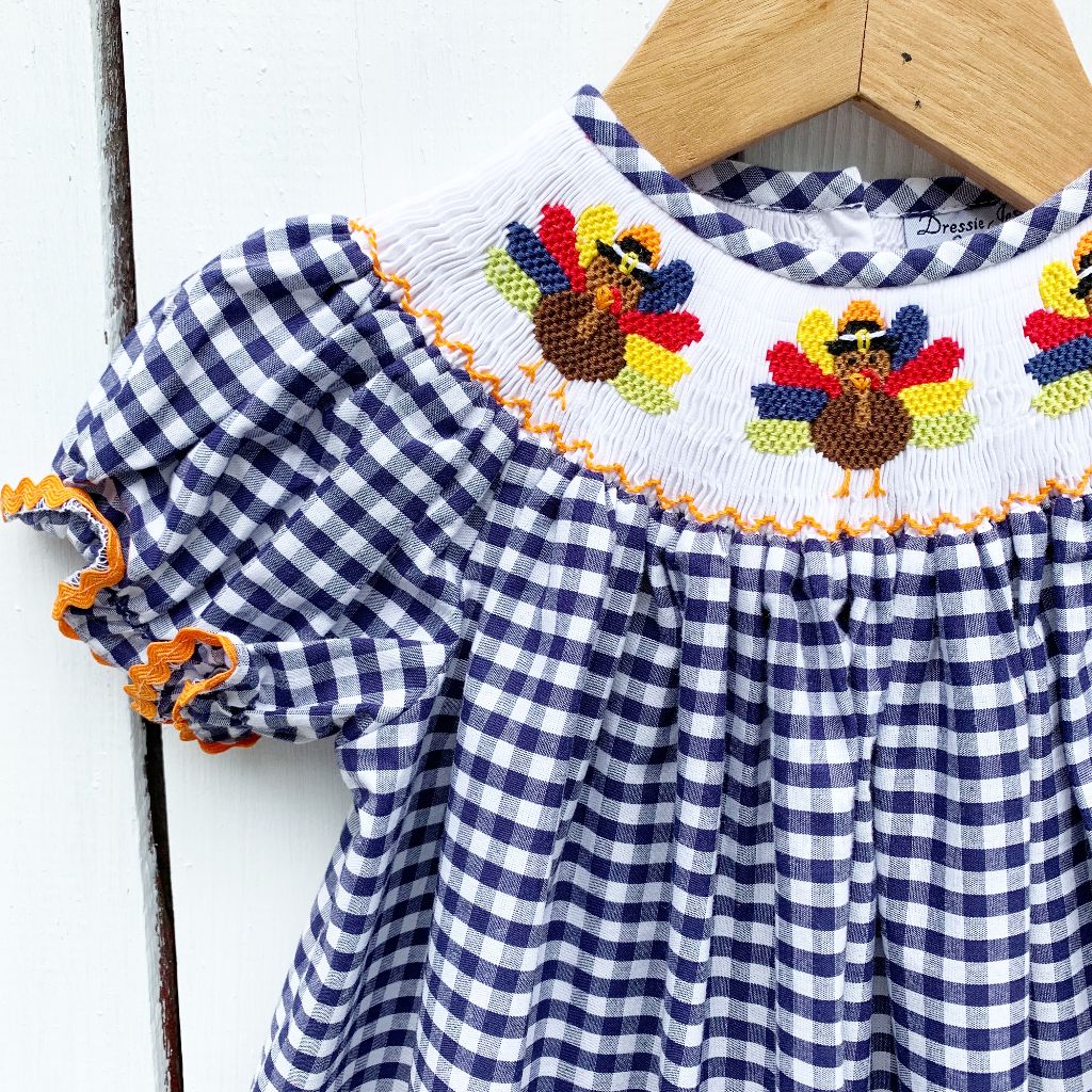 thanksgiving smocked dress Tradition Bishop Dress, Tan Stitchy Fish Smocked dresses are so sweet for that little one you adore Lil cactus Cobalt Blue Turkey