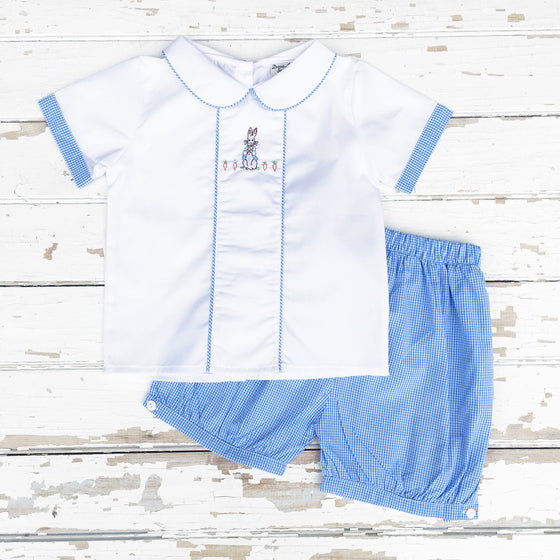 Boys Peter Rabbit Shirt and Shorts Set Blue Gingham Shadow Embroidery
