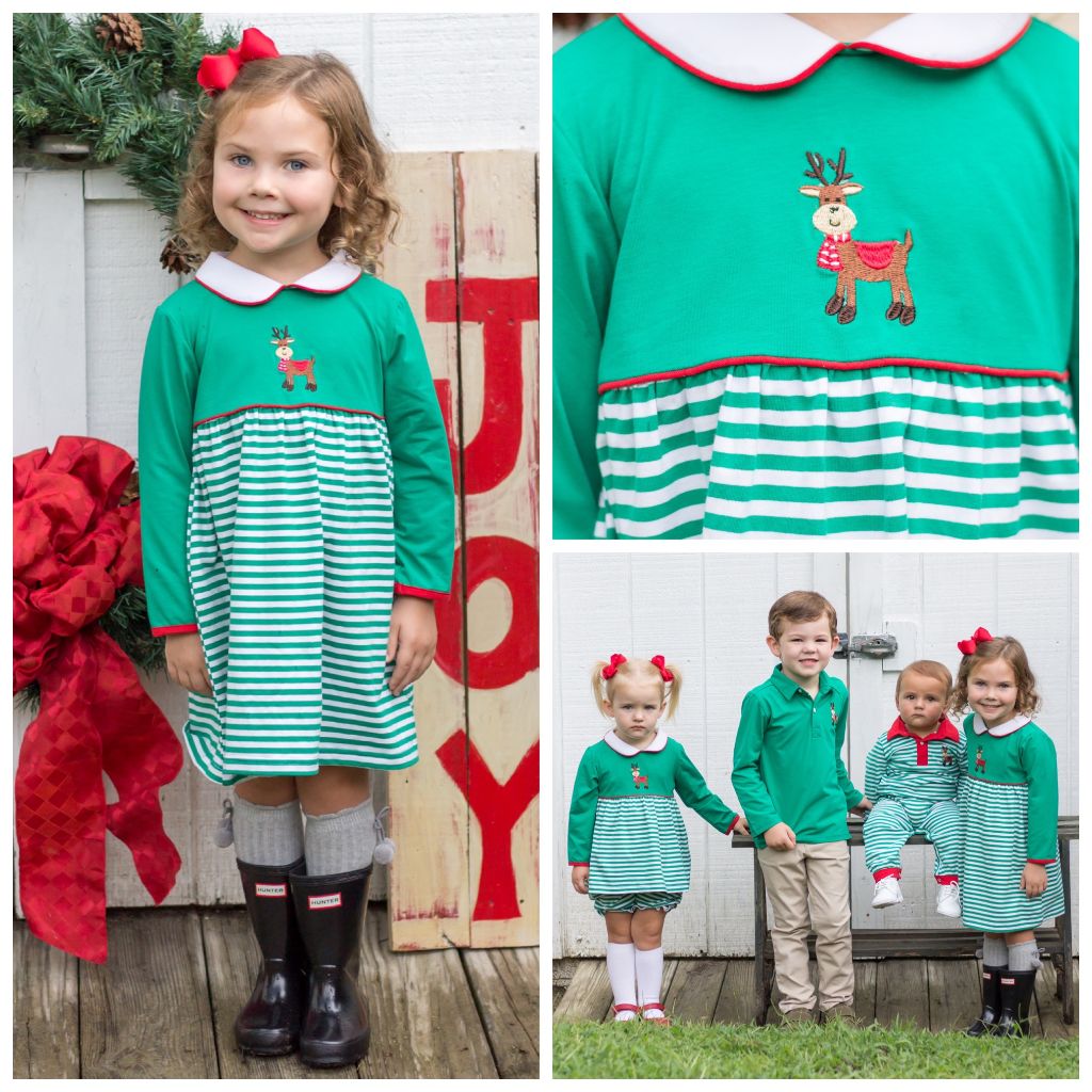 Girls Knit Christmas Dress with Reindeer Embroidery