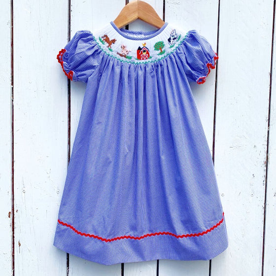 Petit Bebe Girls Blue Check Bishop Dress - Smocked Farm Scene