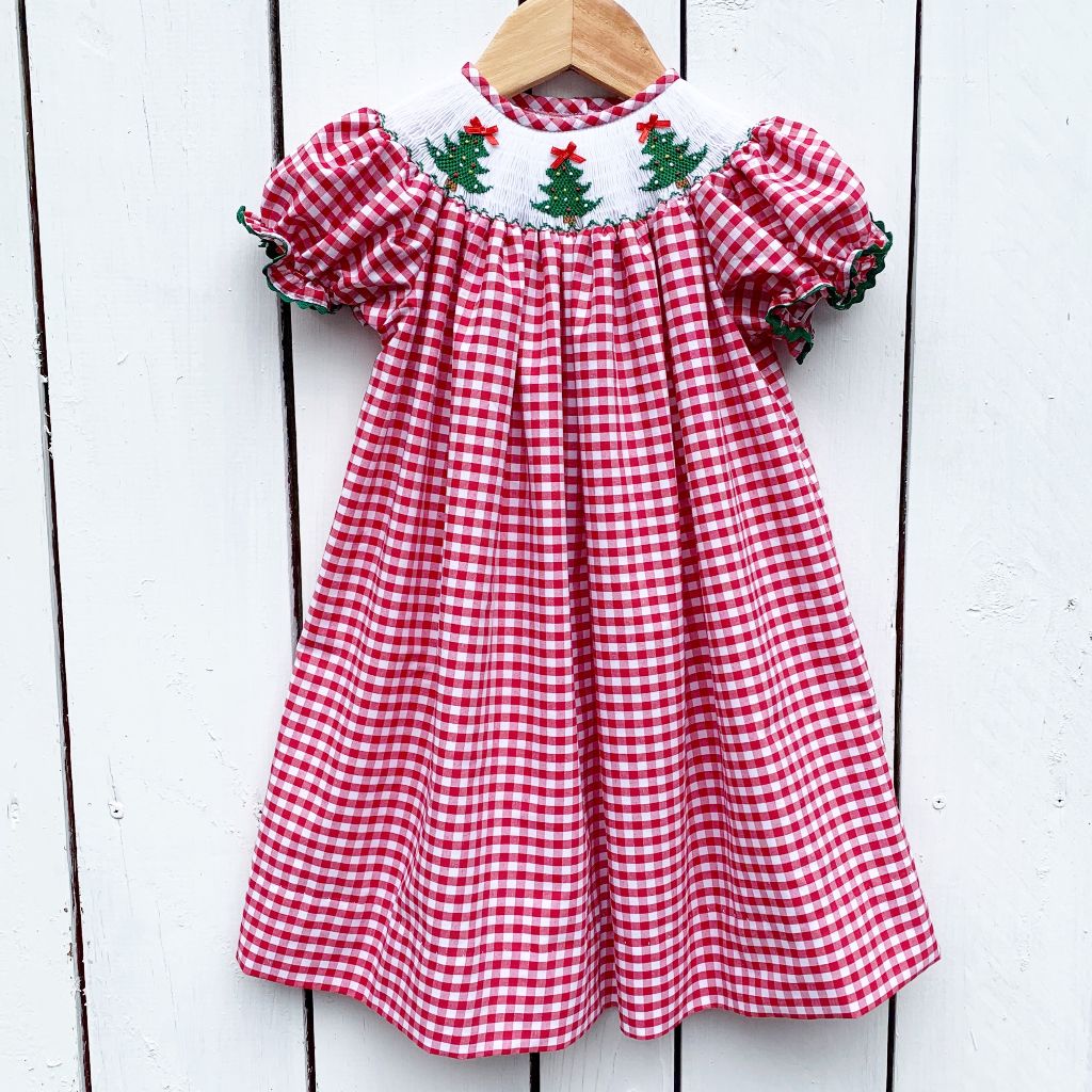 Girls Smocked Christmas Tree Bishop Dress