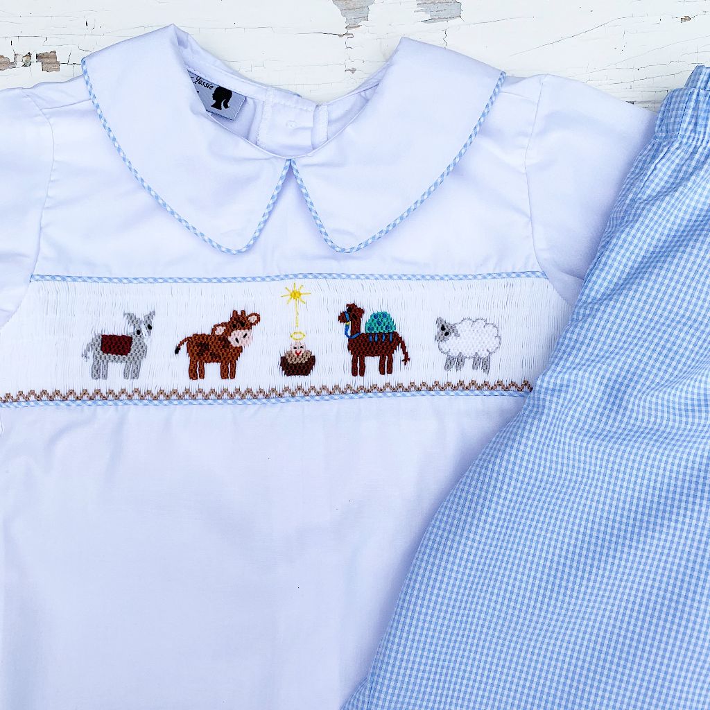 Boys Christmas Smocked Pant Set Jesus Animals Nativity