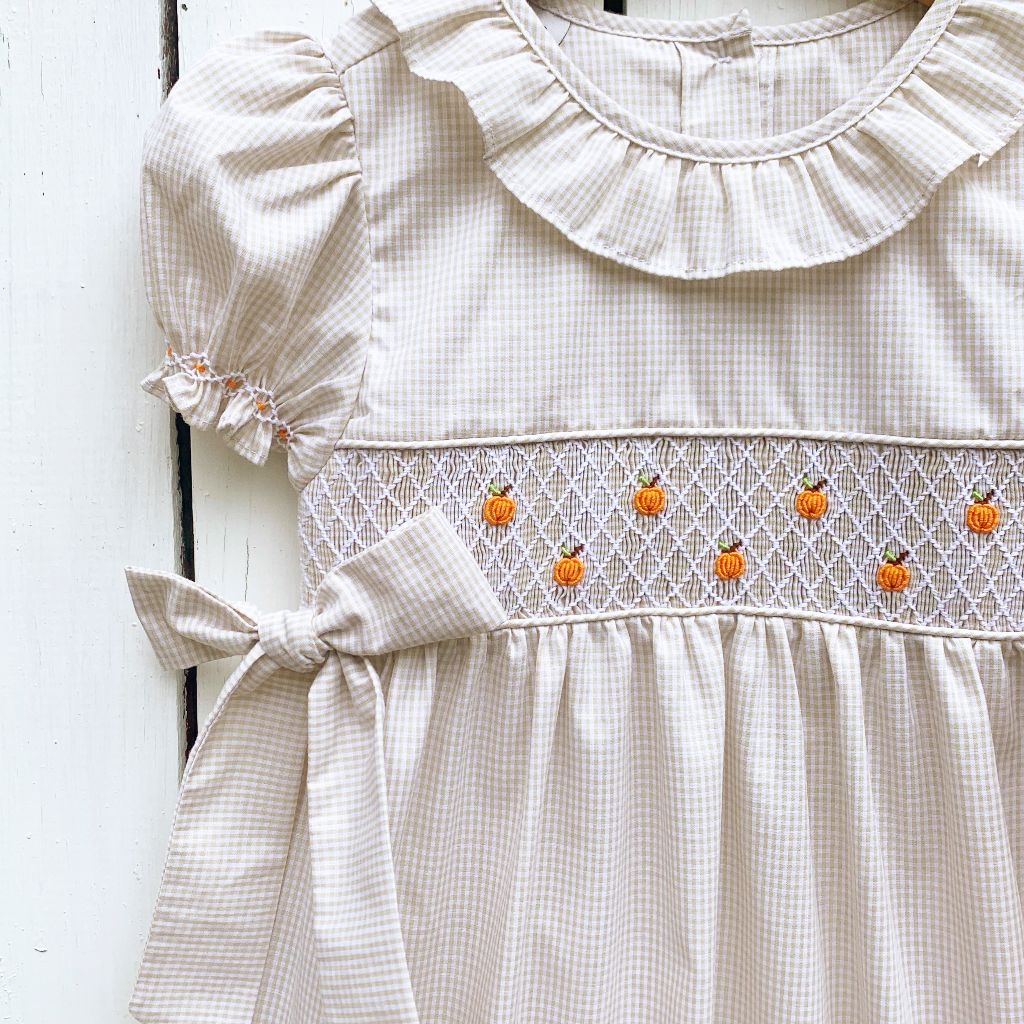 Khaki Gingham Smocked Pumpkin Bubble Romper Outfit