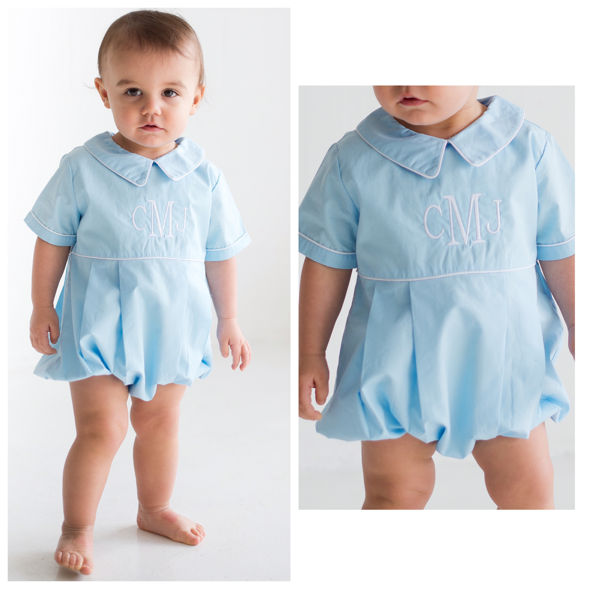 Boys Light Blue Monogrammed Bubble with White Piping 