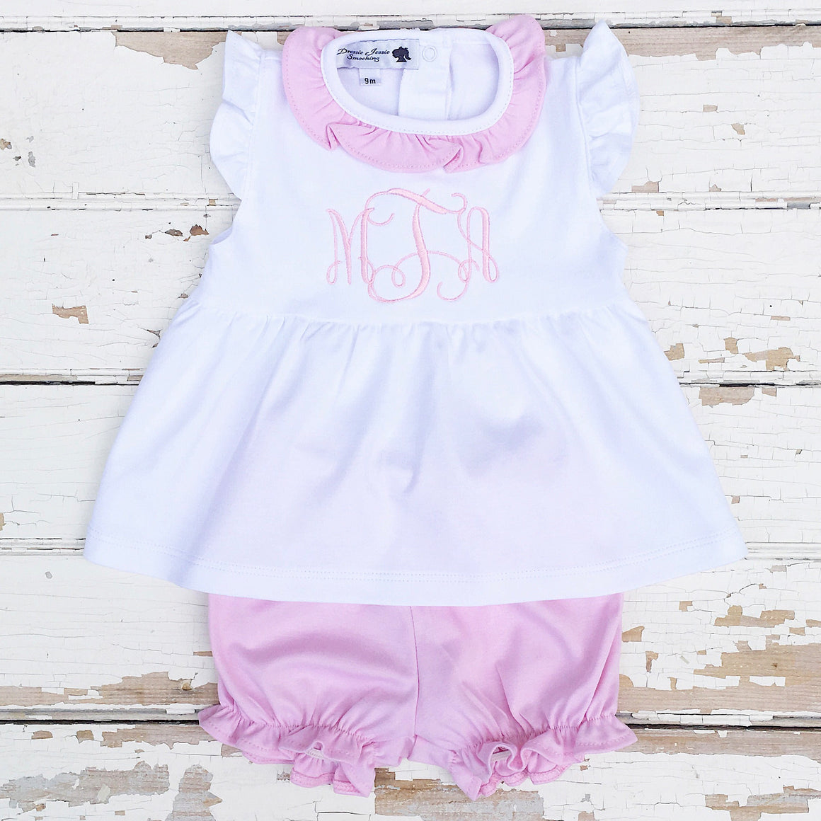 Infant Baby Girl White and Pink Pima Cotton Bloomer Set Monogram Baby Clothes