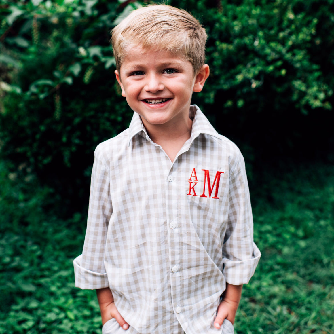 Boys Tan Khaki Gingham Button Up Shirt Monogram