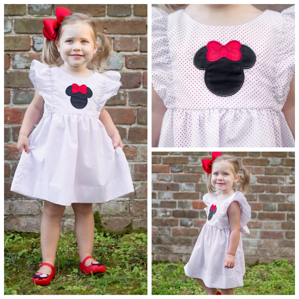 Girls Minnie Mouse Applique Dress Mouse Ears Polka Dots Pinafore Style Disney Dress