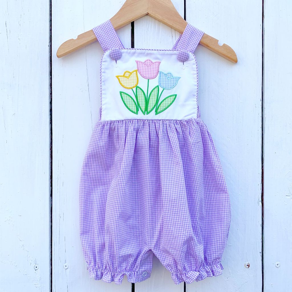 Girls Vintage Sun Bubble Romper with Tulips