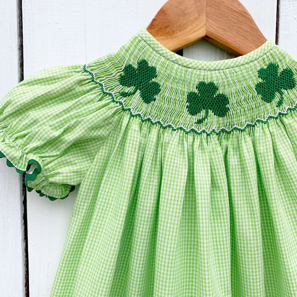 St. Patrick's Day Smocked Bishop Dress Green Shamrocks