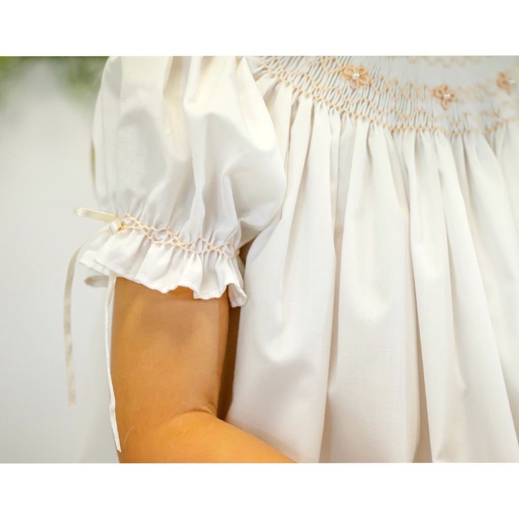 long sleeve smocked bishop dress Smocked Cross Dress in White with Cream Crosses and Long Sleeves