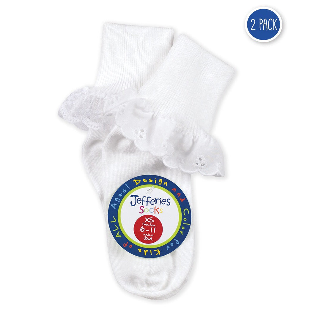 Two Pair Classic White Socks - Eyelet Trim and Lace Trim